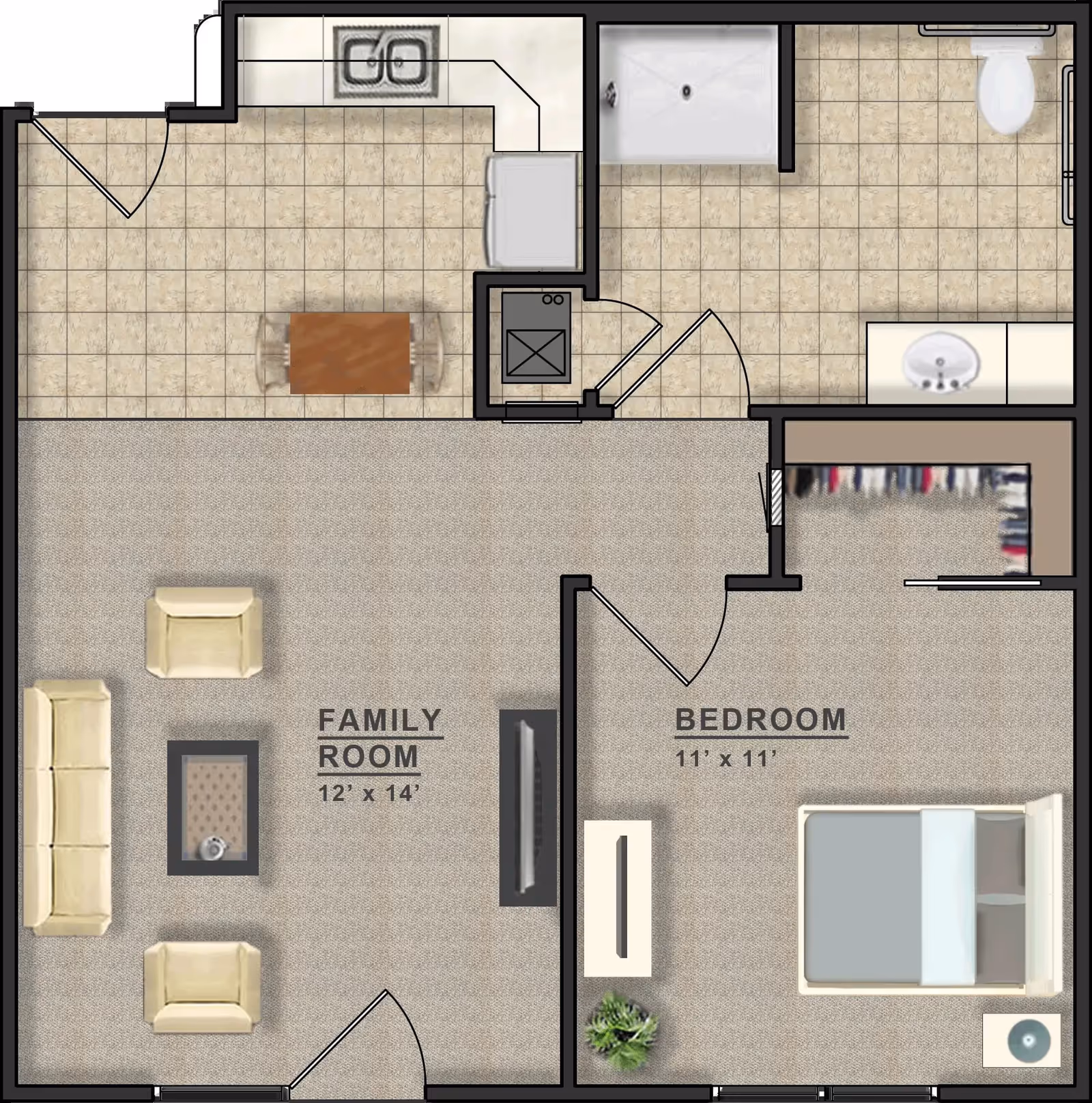 Floor plan showing a family room measuring 12 by 14 feet with a sofa, two armchairs, and a coffee table, adjacent to a kitchen area with a sink, stove, refrigerator, and a small dining table with two chairs. Next to the family room is a bedroom measuring 11 by 11 feet with a bed, nightstand, dresser, and a plant. The bedroom connects to a bathroom with a shower, toilet, and sink. There is also a closet space near the bedroom.