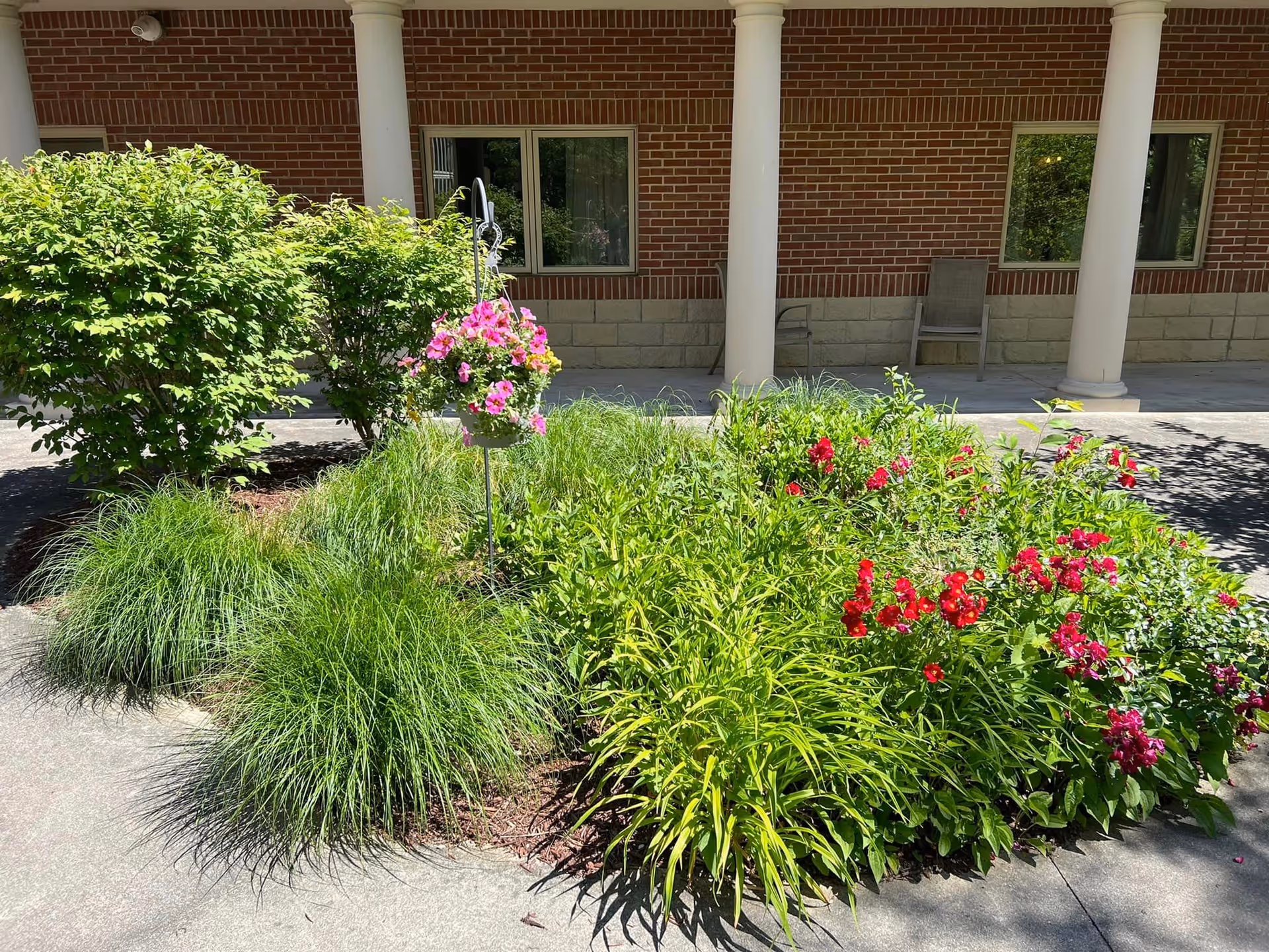 A garden area with various green plants and blooming flowers including pink and red blossoms, situated in front of a brick building with white columns and windows. There are two chairs placed on the porch area behind the garden.