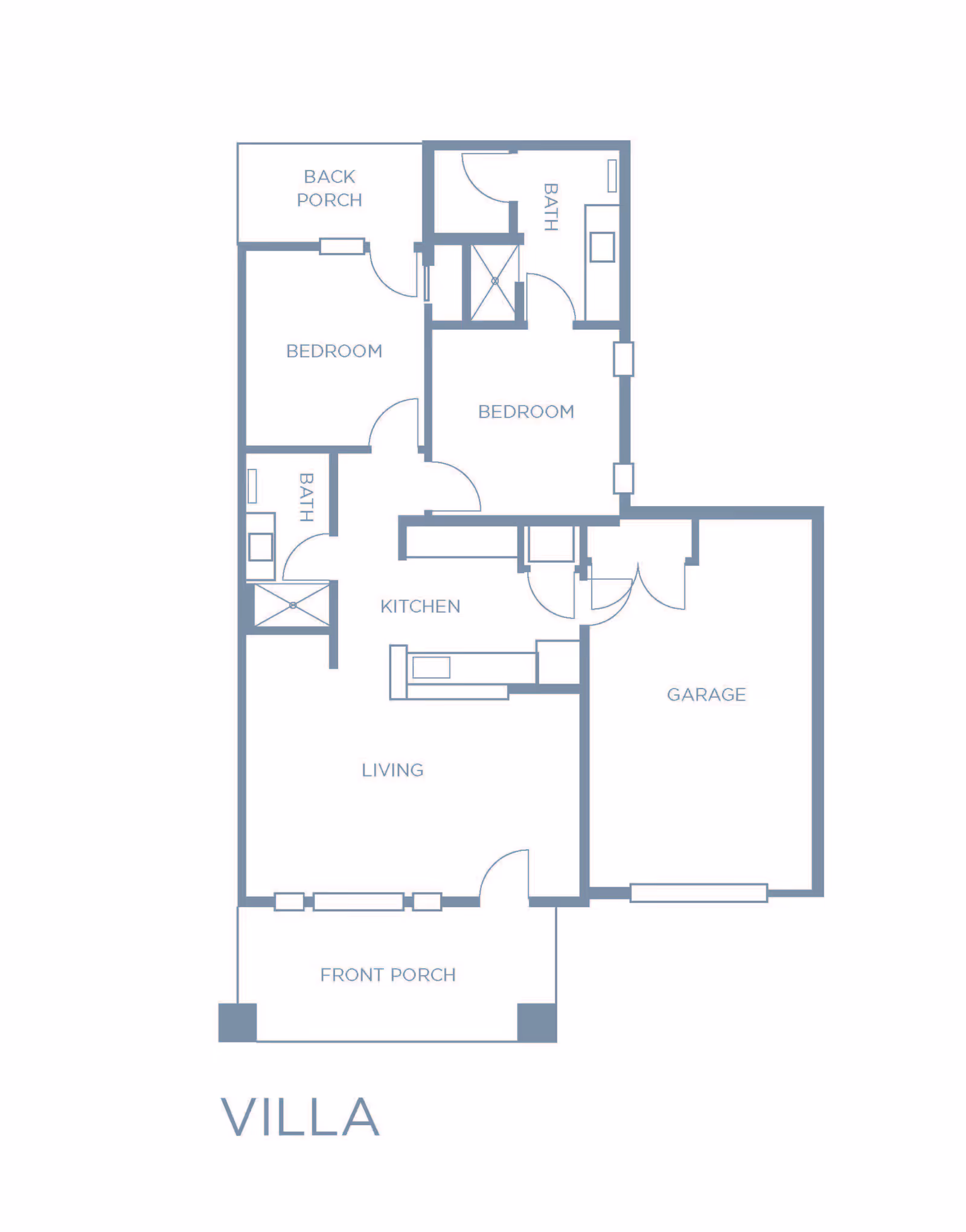 Blueprint-style floor plan of a villa showing two bedrooms, two baths, a kitchen, living room, garage, and front and back porches.