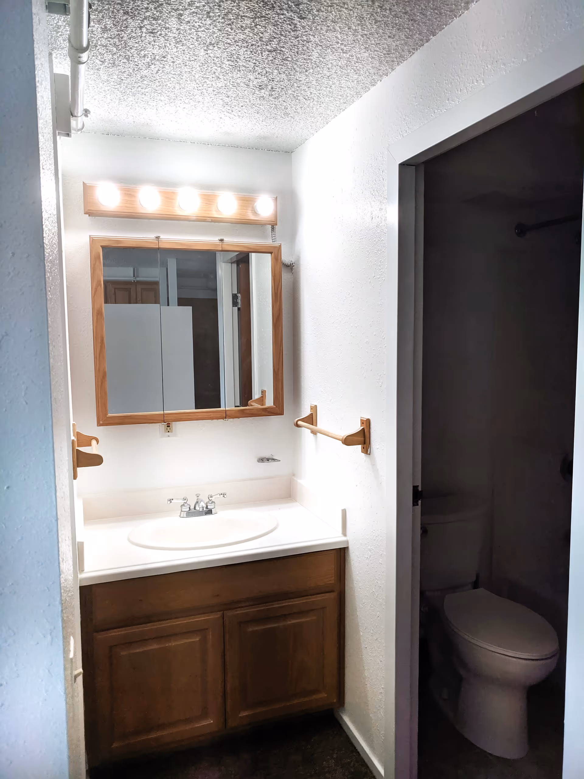A small bathroom vanity area with a wooden cabinet, white countertop, oval sink, and a mirror with a wooden frame above it. Above the mirror is a light fixture with five bright bulbs. To the right, there is a doorway leading to a separate toilet area with a white toilet visible inside.