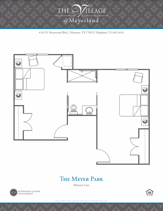 Floor plan layout of The Meyer Park memory care unit at The Village of Meyerland, showing two bedrooms, a shared bathroom, and a central living area with furniture placement.