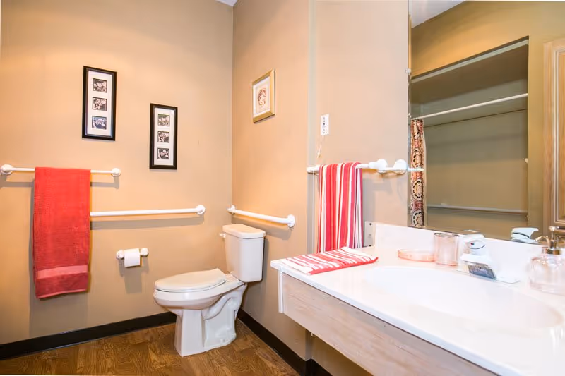 A bathroom with beige walls and wood flooring featuring a white toilet, a white sink with a countertop, and a large mirror. There are red and white striped towels hanging on white grab bars, and two framed pictures on the wall above the toilet.