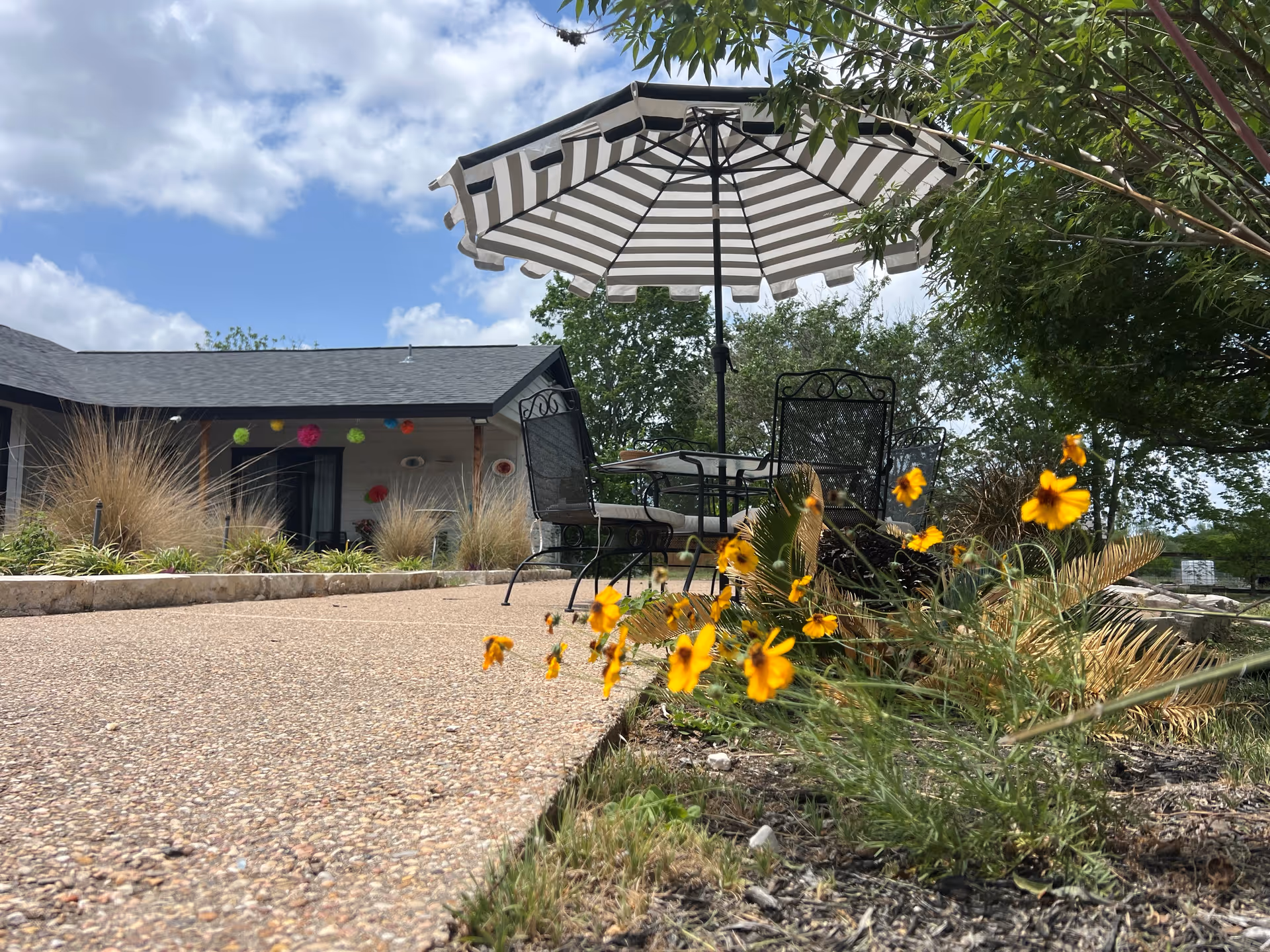 Outdoor patio area with a striped umbrella shading a glass table and metal chairs, surrounded by yellow flowers and greenery, with a building and partly cloudy sky in the background.
