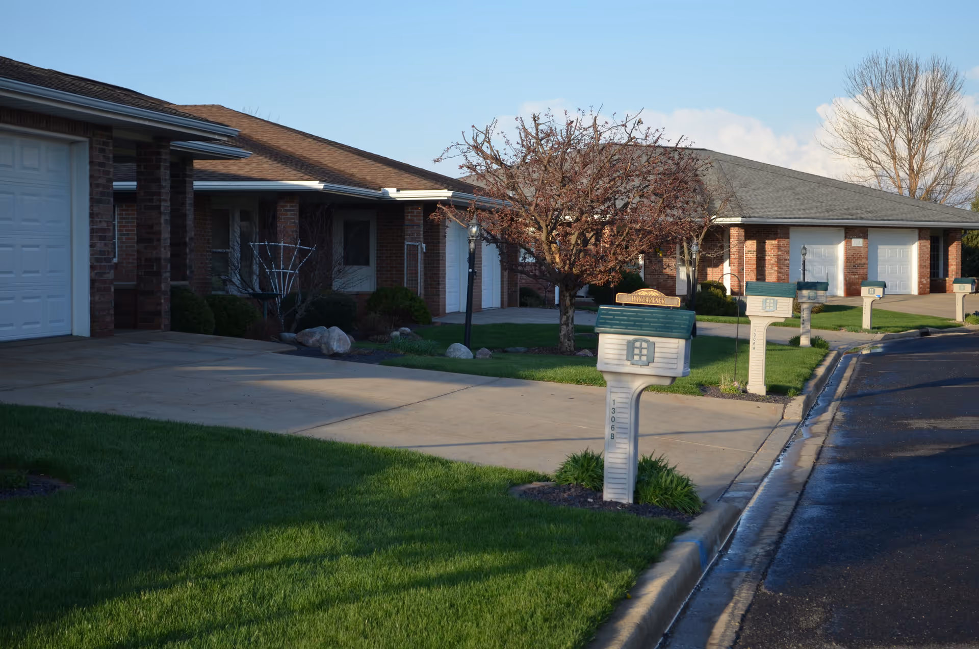 Row of single-story brick residential units with garages, driveways, mailbox posts, and a small tree in the front yard.