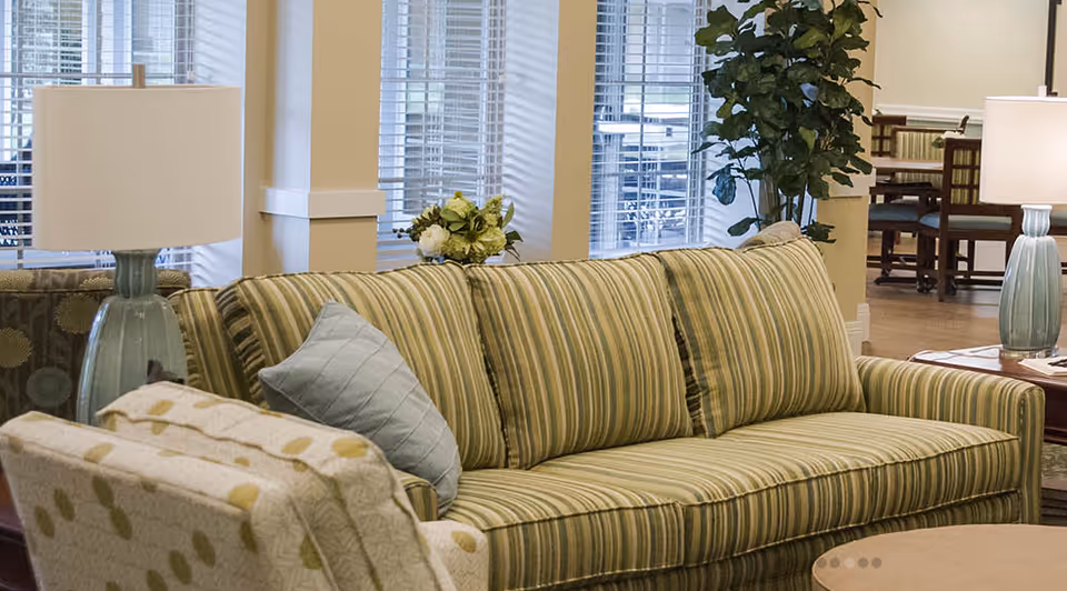 A cozy living room area with a green and beige striped sofa, a patterned armchair, two blue ceramic table lamps with white shades, a small round coffee table, and a large potted plant near the window with white blinds. In the background, there is a dining area with wooden chairs and tables.
