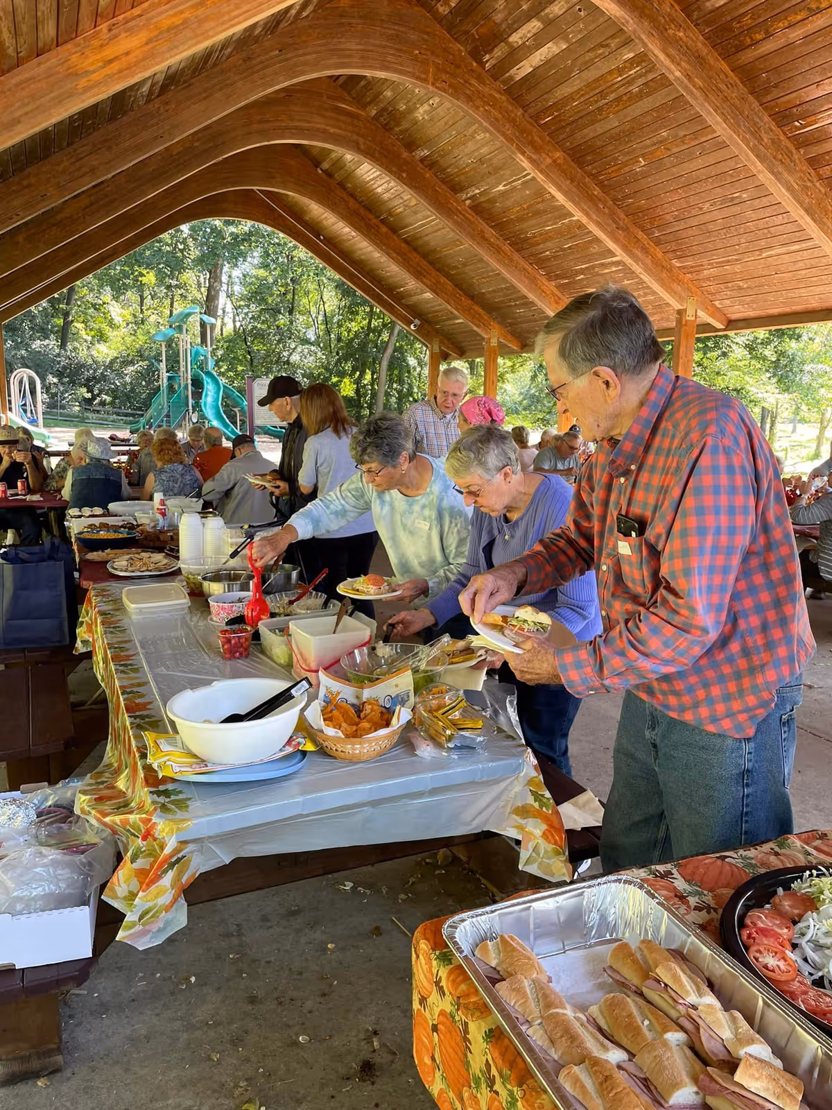 A group of elderly people serving themselves food from a buffet table under a wooden pavilion in an outdoor setting. The table is covered with a fall-themed tablecloth and has various dishes including sandwiches, vegetables, and condiments. In the background, more people are seated at picnic tables, and a playground with a slide is visible among trees.