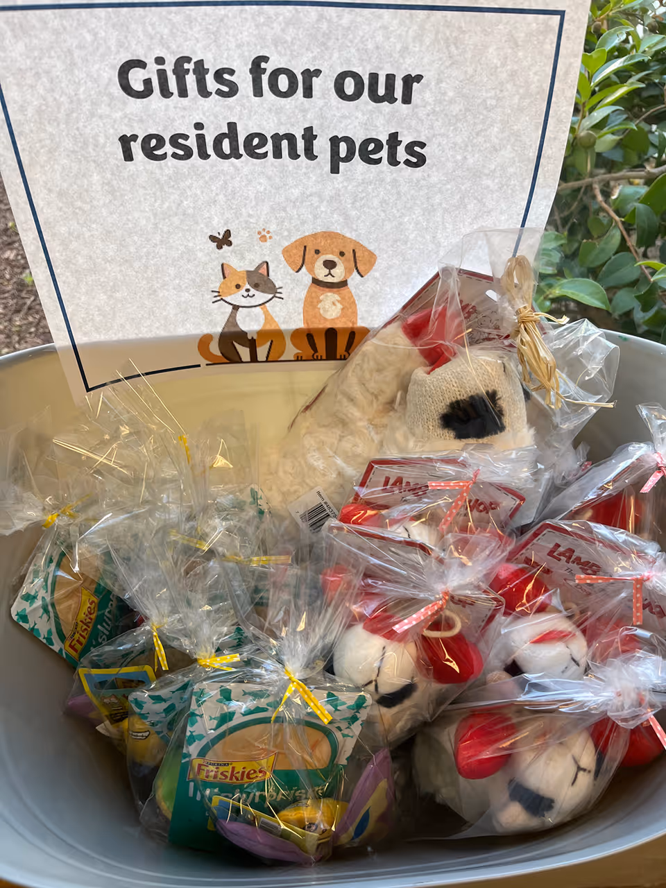 A bin of individually wrapped pet gift bags and toys beneath a sign reading "Gifts for our resident pets".