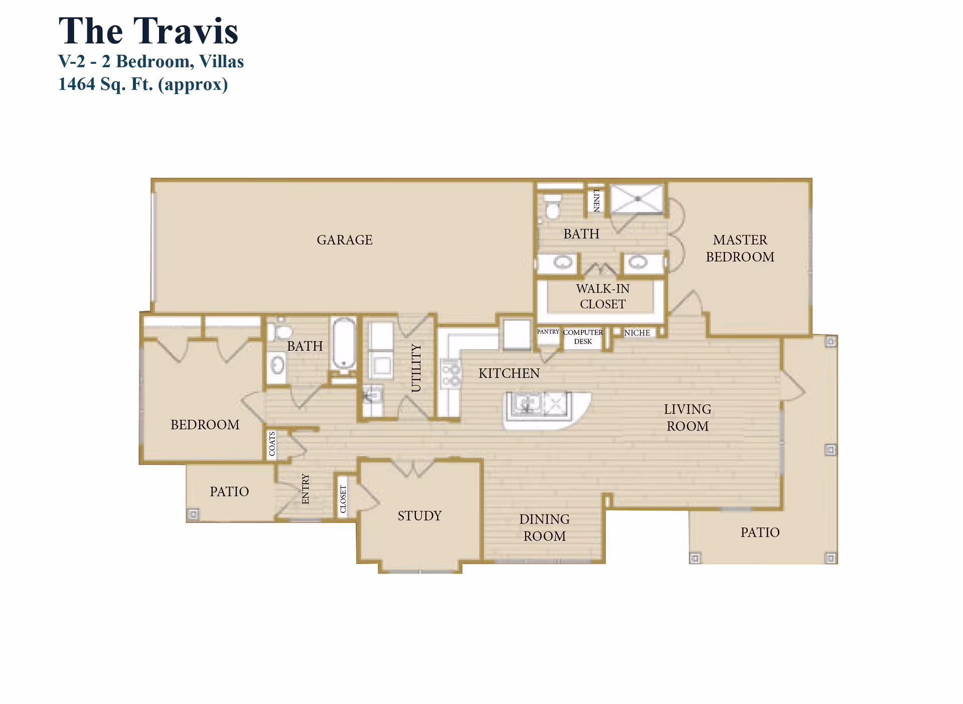 Floor plan of The Travis, a 2 bedroom villa with approximately 1464 square feet. The layout includes a garage, two bedrooms, two bathrooms, a kitchen with an island, a living room, a dining room, a study, utility room, walk-in closet, pantry, computer desk, niches, entry with coat closet, and two patios.