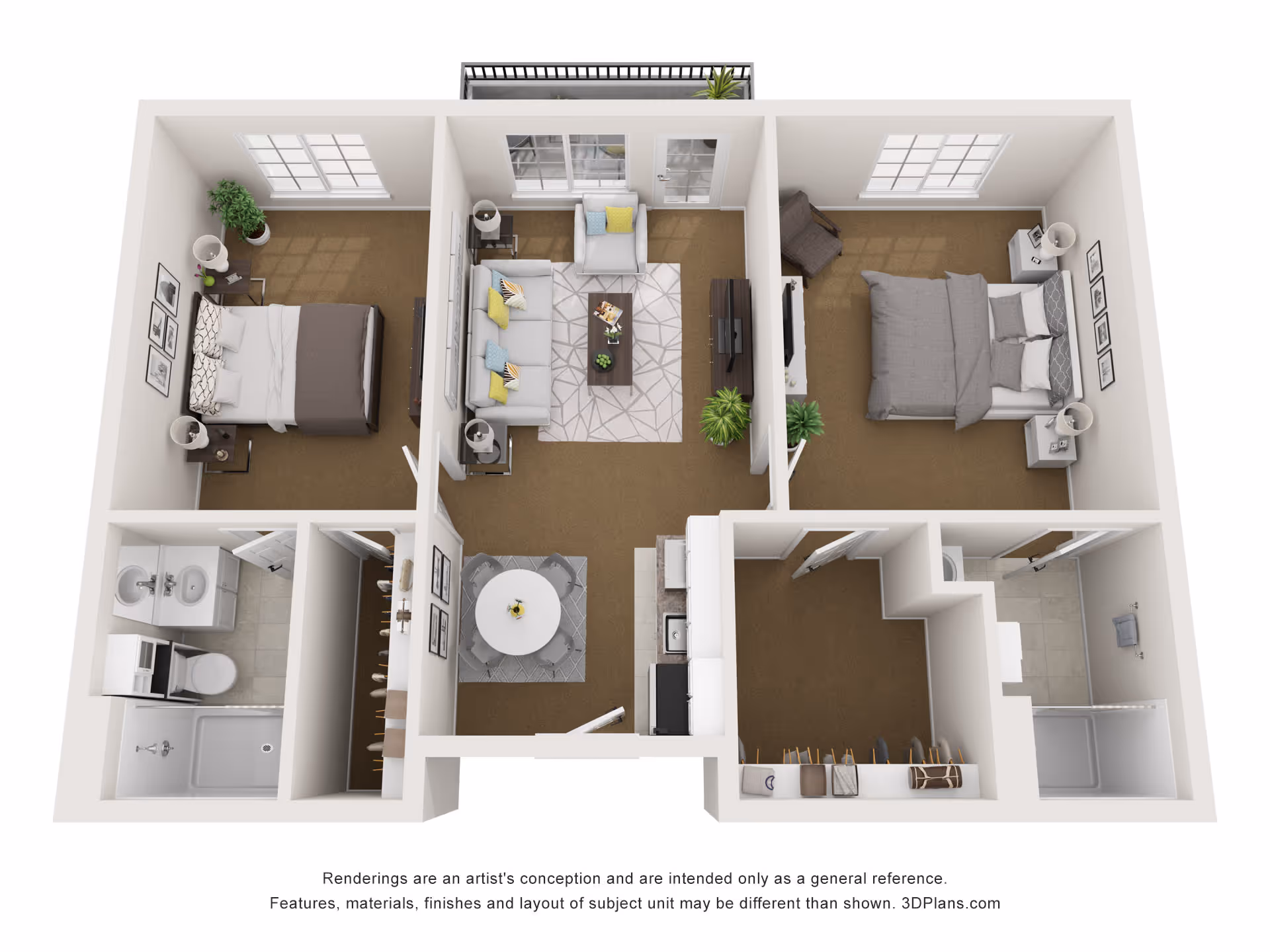 3D floor plan of a two-bedroom apartment featuring two bedrooms with beds and nightstands, a living room with sofa, armchair, coffee table, and TV, a dining area with a round table and four chairs, a kitchen with appliances, two bathrooms with sinks, toilets, and showers, and a balcony accessible from the living room.