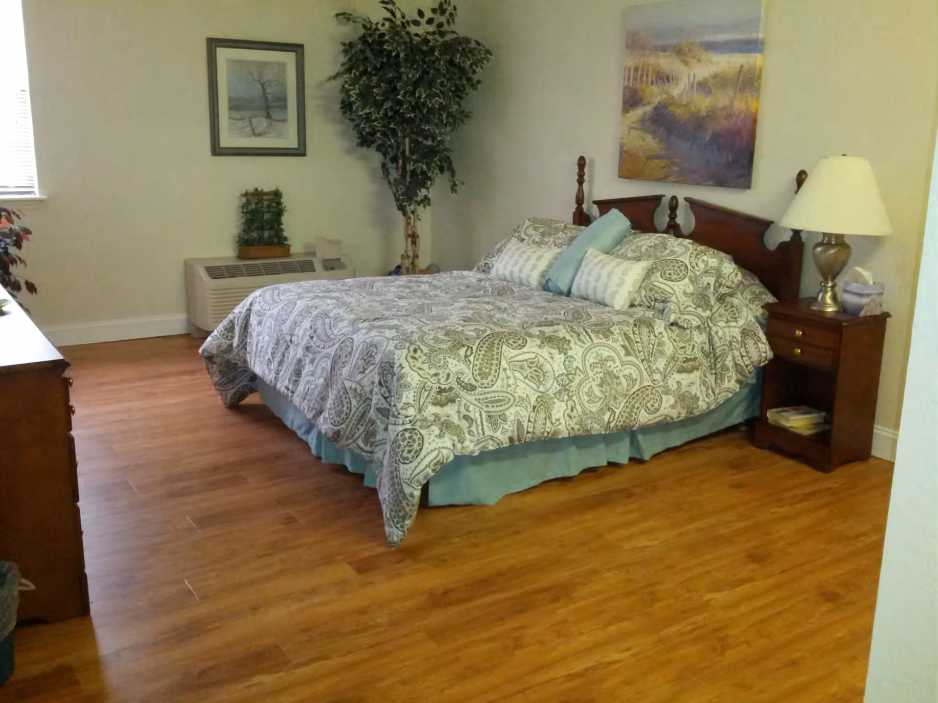A bedroom with a wooden bed frame and a bed covered with a patterned comforter and multiple pillows. There is a wooden nightstand with a lamp and a box of tissues on the right side of the bed. A framed picture hangs on the wall above the nightstand. On the left side of the room, there is a window with blinds, a framed picture on the wall, a potted plant, and a heating/cooling unit below the window. The floor is wooden.