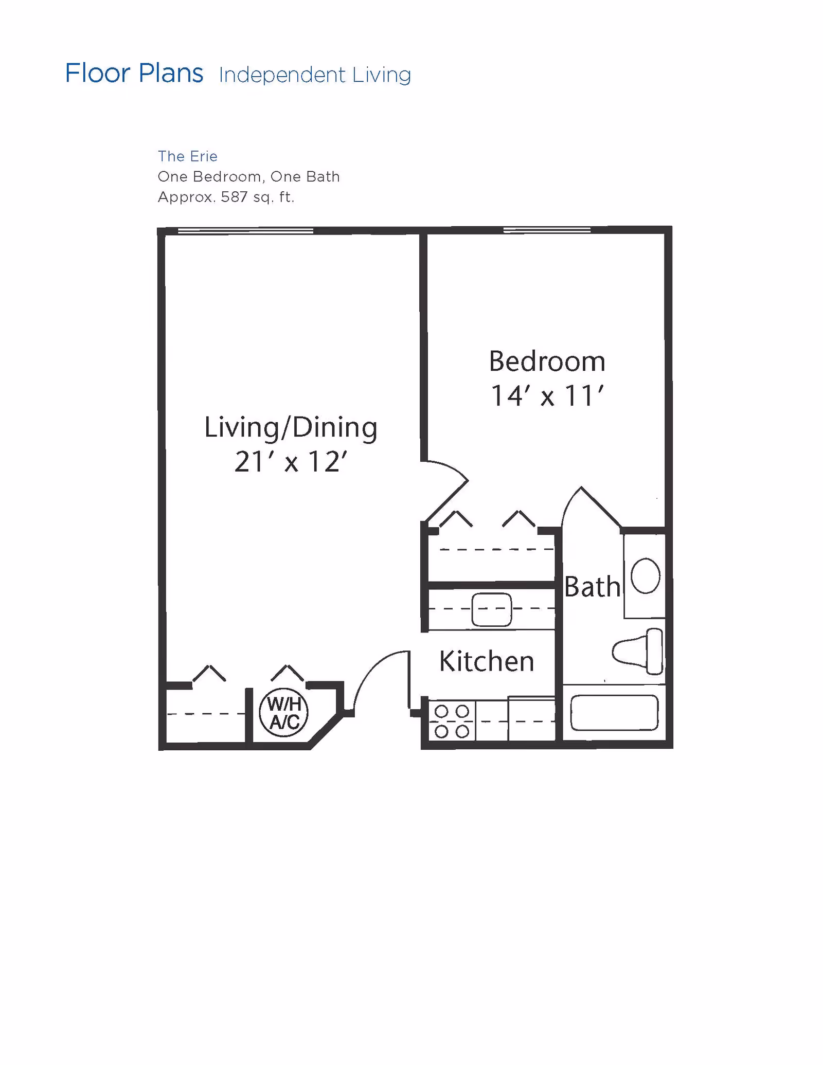 Floor plan for an independent living unit named The Erie, featuring one bedroom measuring 14 feet by 11 feet, one bathroom, a kitchen, and a combined living and dining area measuring 21 feet by 12 feet. The layout includes a water heater/air conditioning closet near the entrance.