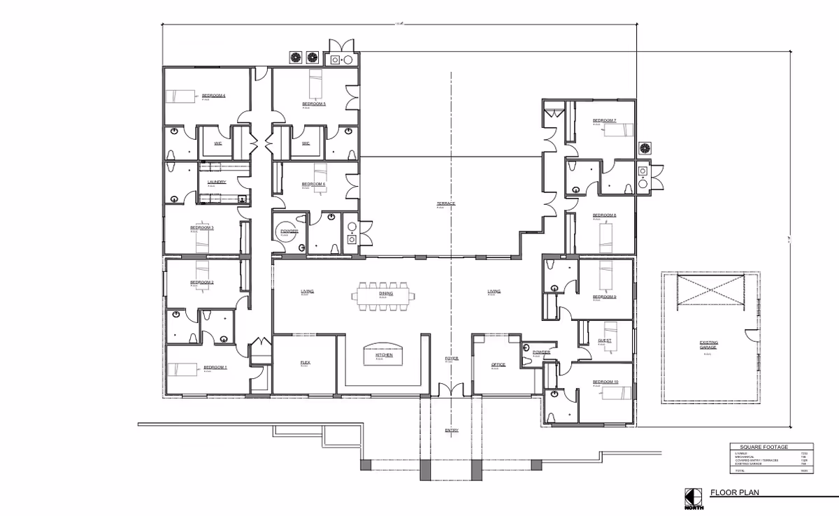 Architectural floor plan of Lincoln Residential Assisted Living facility showing layout with bedrooms, bathrooms, laundry, kitchen, dining, living areas, office, flex room, terrace, entry, and existing garage.