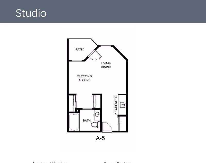 Floor plan of a studio apartment labeled A-5 at Desert Rose Retirement Community, showing a patio, living/dining area, sleeping alcove, kitchenette, and bathroom.