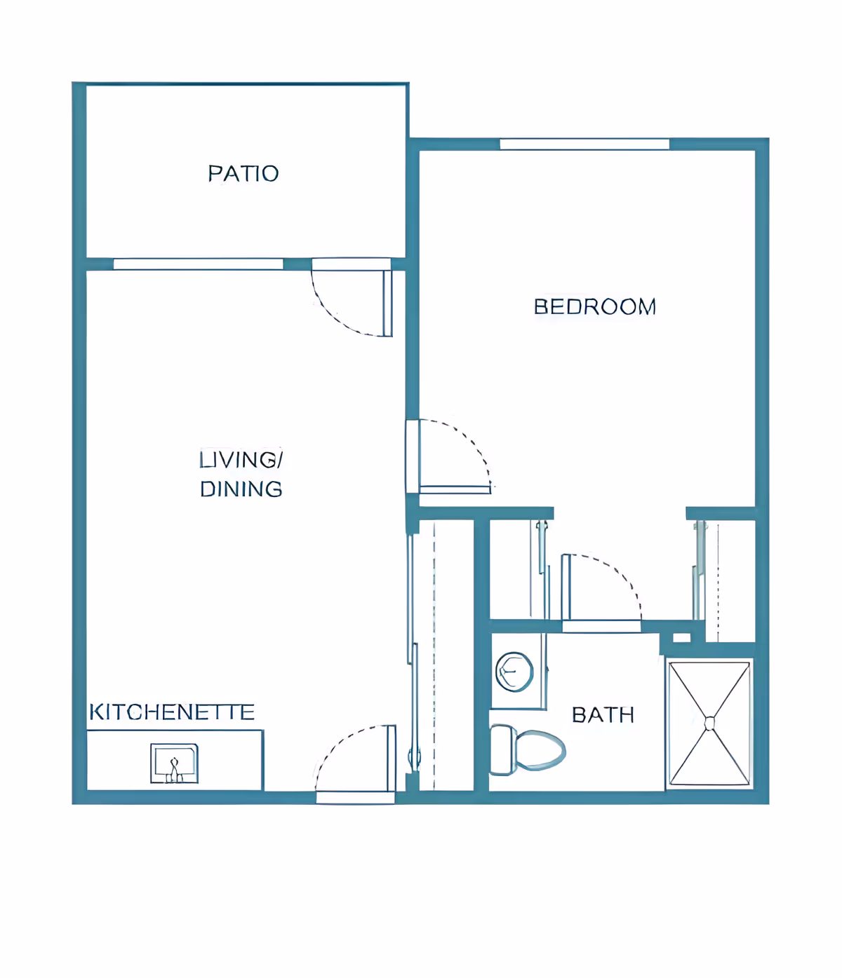 Floor plan layout of a living space at Morada Broken Arrow showing a patio, living/dining area, kitchenette, bedroom, and bathroom with labeled rooms and door placements.