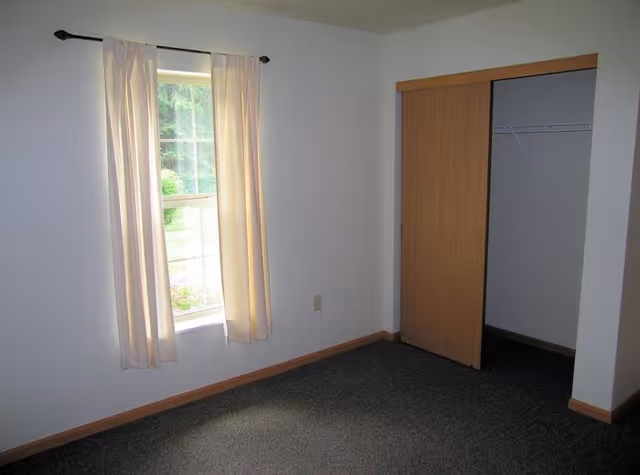 Empty small bedroom with a curtained window, carpeted floor, and a sliding-door closet.