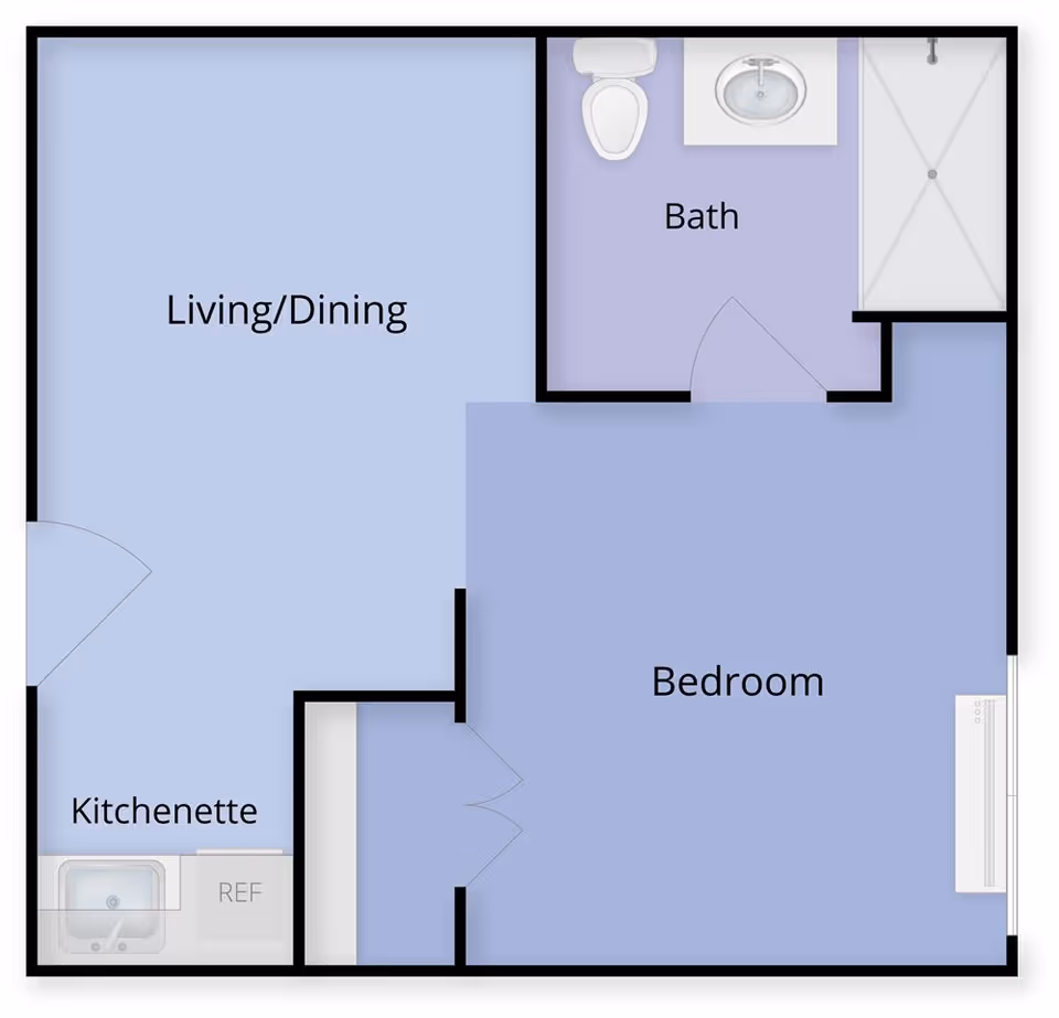 Floor plan of a senior living unit at Lebanon Independent Senior Living, Juniper Village, showing a living/dining area, kitchenette, bedroom, and bathroom with a toilet, sink, and shower.