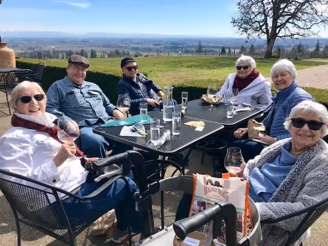 Six elderly people sitting around a black metal outdoor table enjoying drinks and snacks on a sunny day with a scenic view of a grassy area and distant mountains.