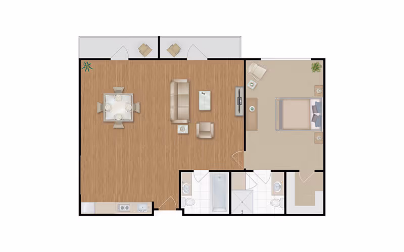 Floor plan of a senior living apartment featuring a living room with sofa, armchair, coffee table, TV, and dining table with four chairs. The apartment includes a bedroom with a bed, two nightstands, and a chair, two bathrooms with a bathtub and shower, a small kitchen area, and a balcony with two chairs and a small table.