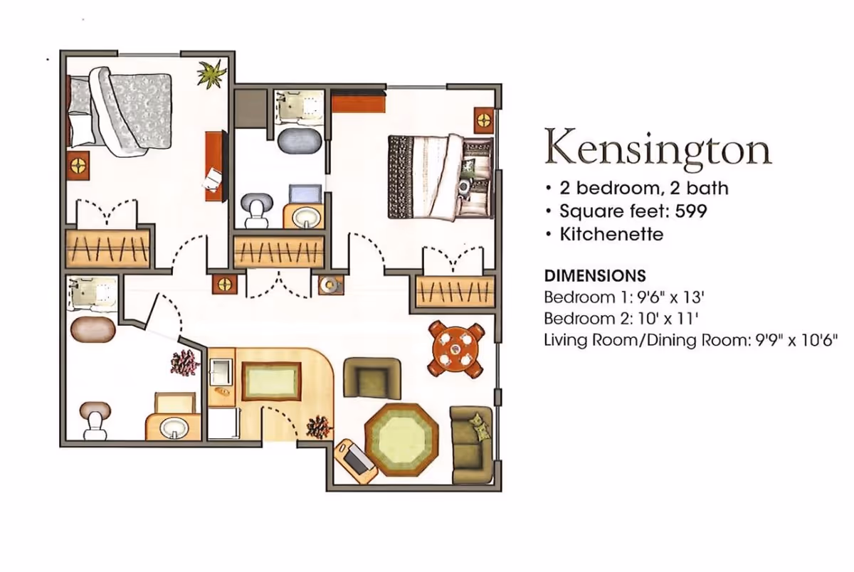 Floor plan of the Kensington unit at Woodland Village showing a 2 bedroom, 2 bathroom layout with a kitchenette, living room, and dining area. The plan includes dimensions for each room and furniture placement.