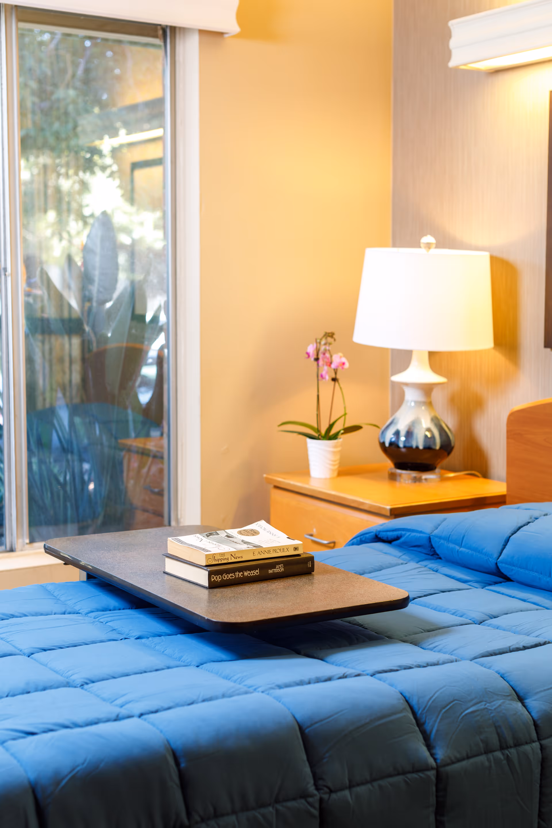 A cozy bedroom with a blue comforter on the bed, a wooden bedside table with a white and blue lamp, and a small potted orchid. There is a window with a view of greenery outside. Two books are placed on a tray on the bed.