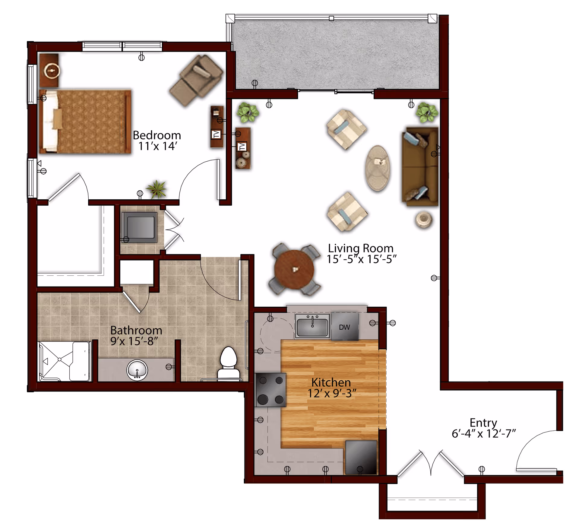 Floor plan of a senior living unit at Harmony at Morgantown showing a bedroom with a bed and chair, a bathroom with a shower, sink, and toilet, a living room with seating and a dining table, a kitchen with appliances and counters, and an entry area.