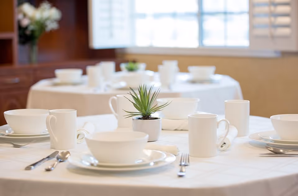 Round dining tables set with white dishes, mugs, silverware, and small succulent centerpieces in a bright dining room.