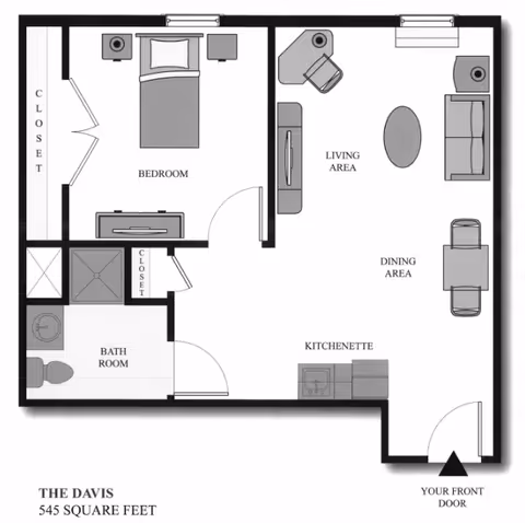 Floor plan of a 545 square feet apartment named The Davis at Heritage Green, showing a bedroom with a bed, nightstands, and closet; a bathroom with a toilet, sink, and shower; a living area with a sofa, chair, coffee table, and TV; a dining area with a table and chairs; and a kitchenette with a sink and cabinets. The front door is indicated at the bottom right.