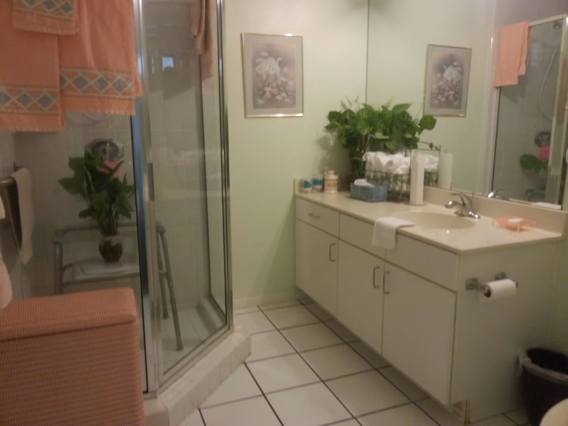 A bathroom with a glass-enclosed shower, a white vanity with a sink, a large mirror, and various toiletries. There are pink towels hanging on the wall and a pink hamper. A green plant is placed on the vanity and another inside the shower area. The floor is tiled in white.