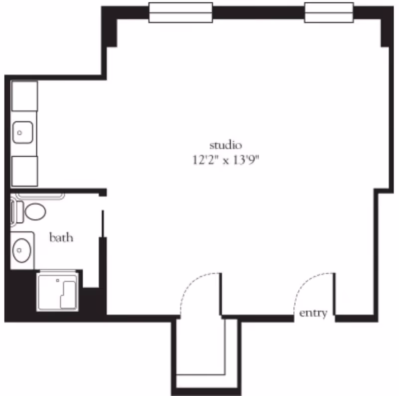 Floor plan of a studio apartment at Atria Kew Gardens showing a main studio room measuring 12 feet 2 inches by 13 feet 9 inches, a bathroom with a toilet, sink, and shower, a small kitchen area with a sink and counter space, and an entryway.
