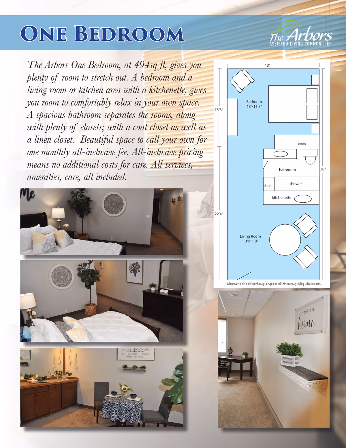 Layout and photos of a one-bedroom assisted living apartment at The Arbors Assisted Living Communities. The floor plan shows a bedroom, bathroom with shower, kitchenette, and living room with furniture placement. Photos include a bedroom with bed, nightstand, lamp, and wall decor; a dresser with mirror; a dining area with table and chairs; and a hallway with wall shelf and plant.