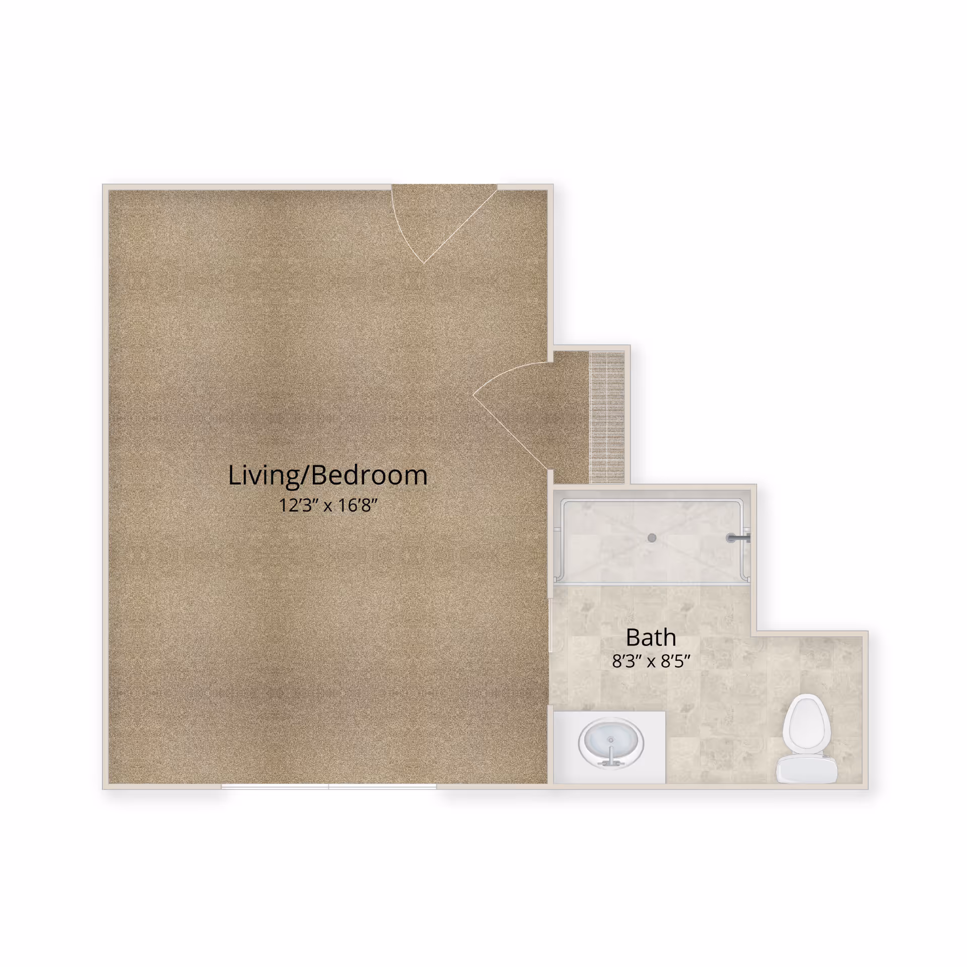 Floor plan of a living/bedroom area measuring 12 feet 3 inches by 16 feet 8 inches, connected to a bathroom measuring 8 feet 3 inches by 8 feet 5 inches. The bathroom includes a bathtub, sink, and toilet.