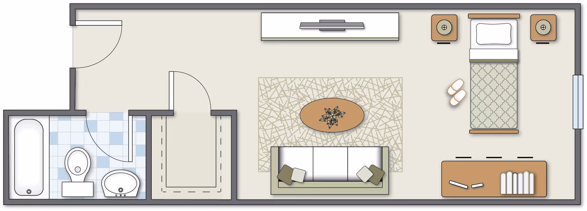 Floor plan of a studio apartment featuring a combined living and bedroom area with a bed, two nightstands, a sofa, a coffee table, a TV stand, and a small closet. The bathroom includes a bathtub, toilet, and sink.