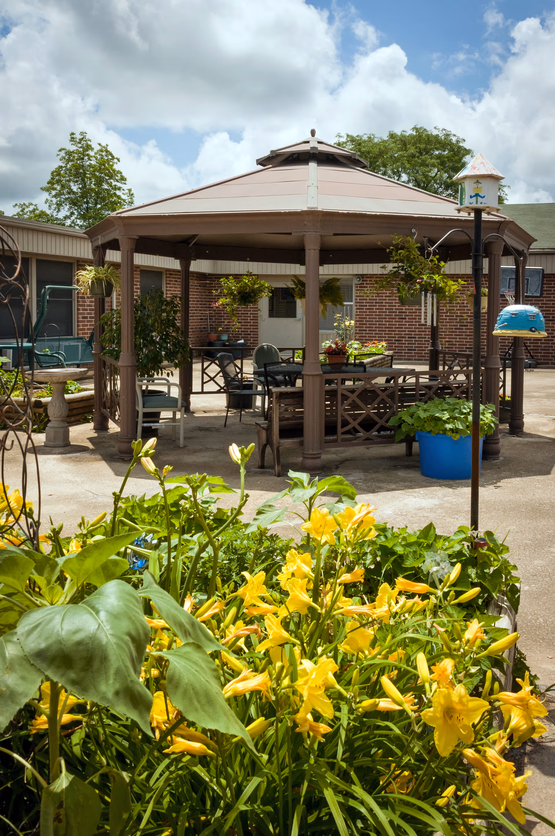 Outdoor garden area with vibrant yellow flowers in the foreground and a gazebo with seating and hanging plants in the background, set against a partly cloudy sky and brick building walls.