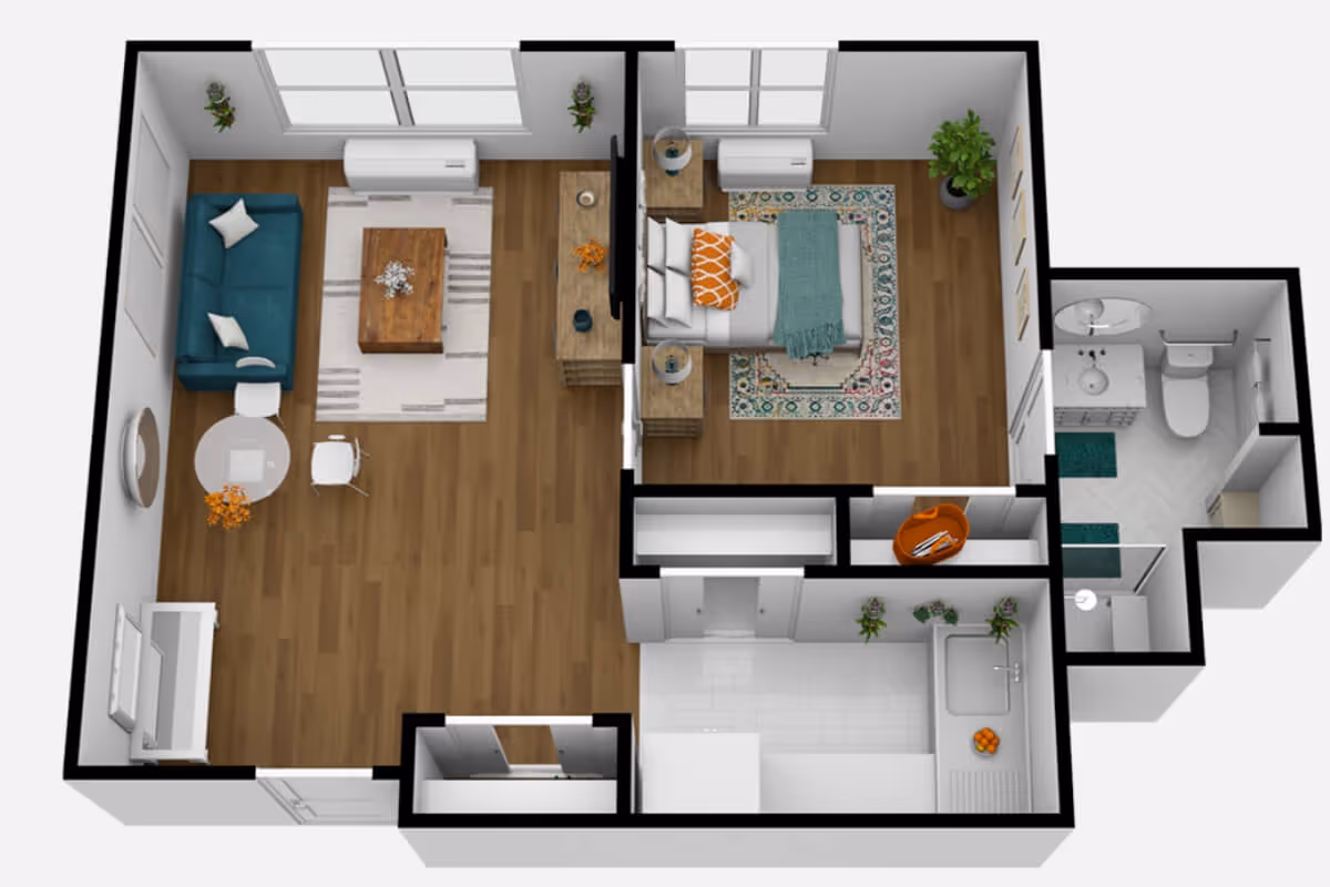 3D rendered one-bedroom apartment floor plan showing a living room with sofa and coffee table, a bedroom, kitchen area, and a bathroom.
