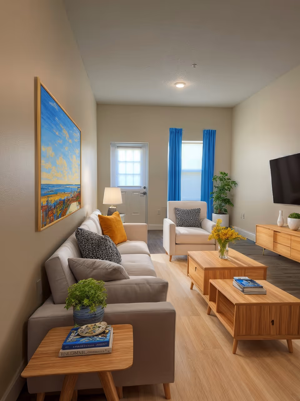 Bright, modern living room with a gray sofa and armchair, wooden coffee tables, a TV console, and blue curtains.