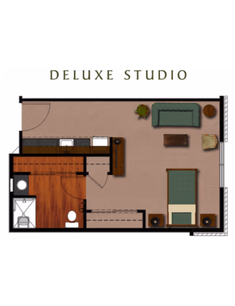 Floor plan of a deluxe studio apartment featuring a combined living and sleeping area with a sofa, coffee table, armchair, and bed. The layout includes a kitchen area with a sink and appliances, and a separate bathroom with a shower and toilet.