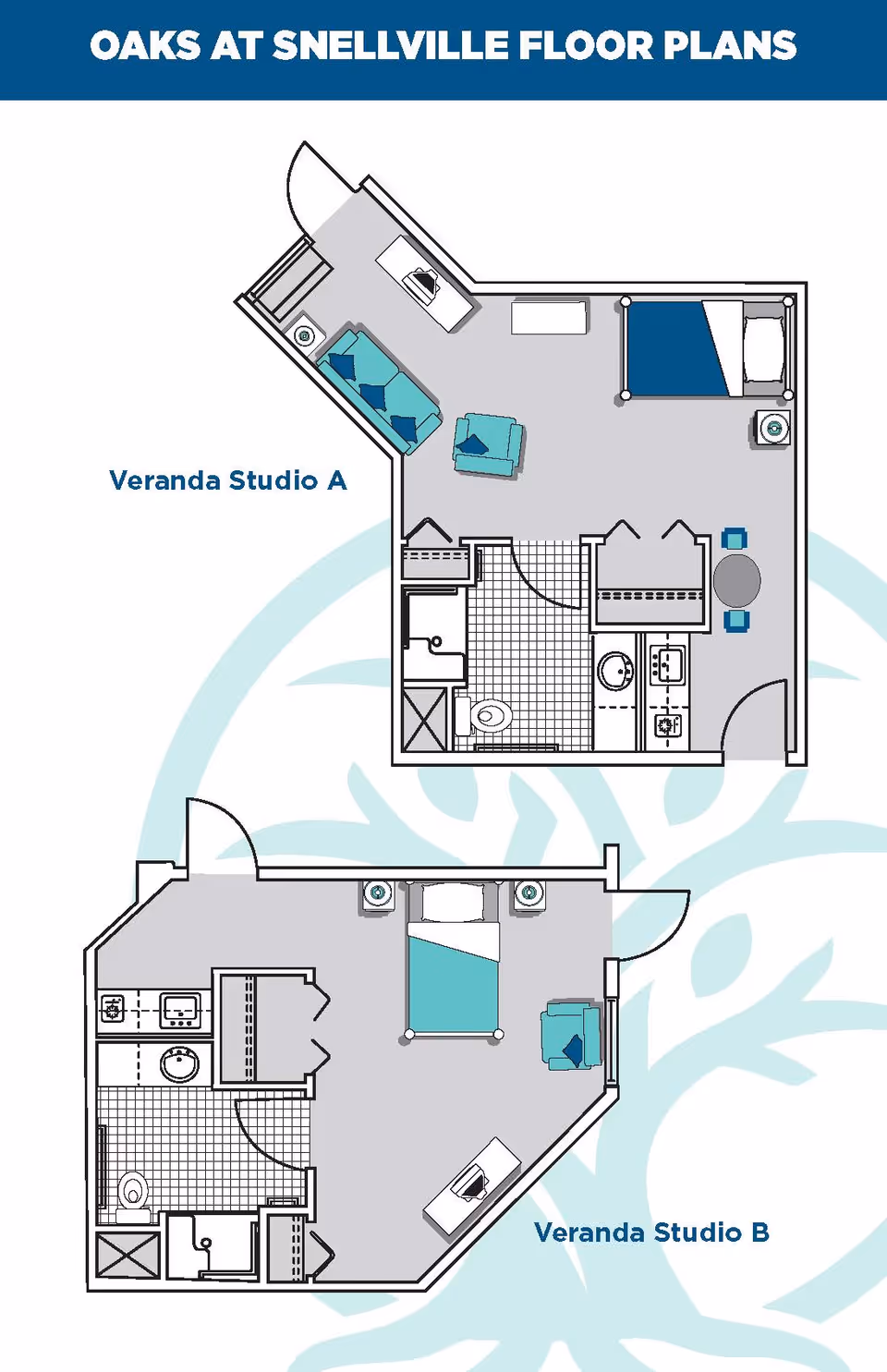 Floor plans for Oaks at Snellville showing two types of Veranda Studio apartments labeled Studio A and Studio B. Each layout includes a bedroom area, bathroom, kitchenette, and living space with furniture arrangements.