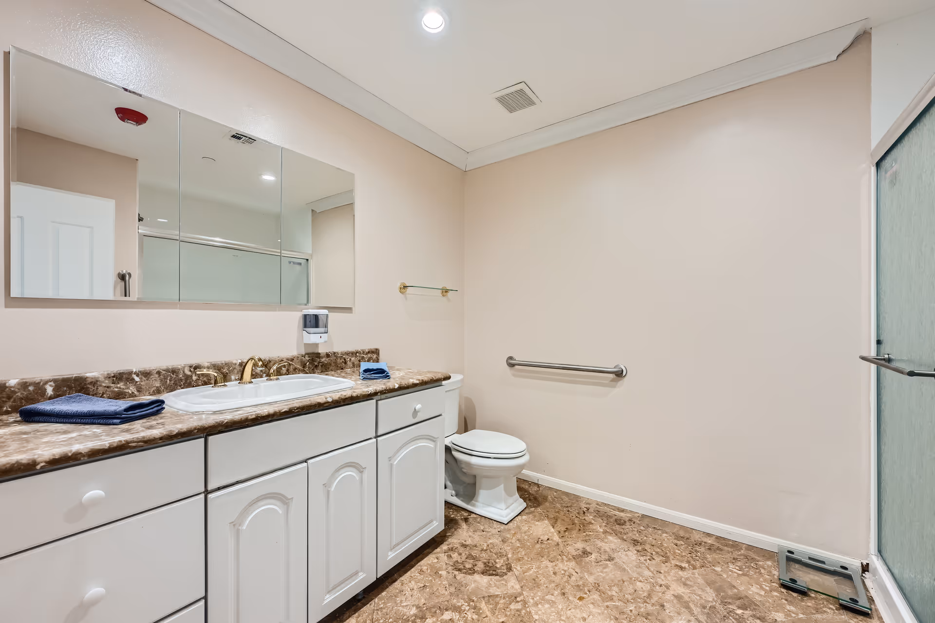 Spacious bathroom with a marble countertop vanity and sink, large mirror, toilet with a grab bar, and a glass shower door.