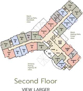 Colored schematic floor plan labeled "Second Floor" showing rooms, corridors, and common areas of a senior living facility.