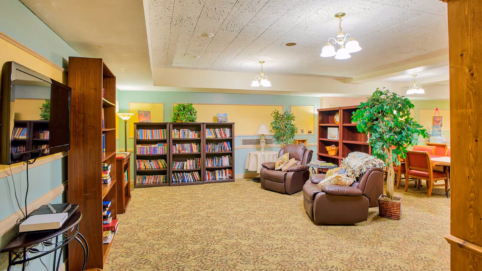 A cozy common area in a senior living facility featuring bookshelves filled with books, two brown leather armchairs with pillows and a throw blanket, potted plants, a wall-mounted TV, and a dining area with a table and chairs in the background. The room has soft lighting from ceiling fixtures and a floor lamp.