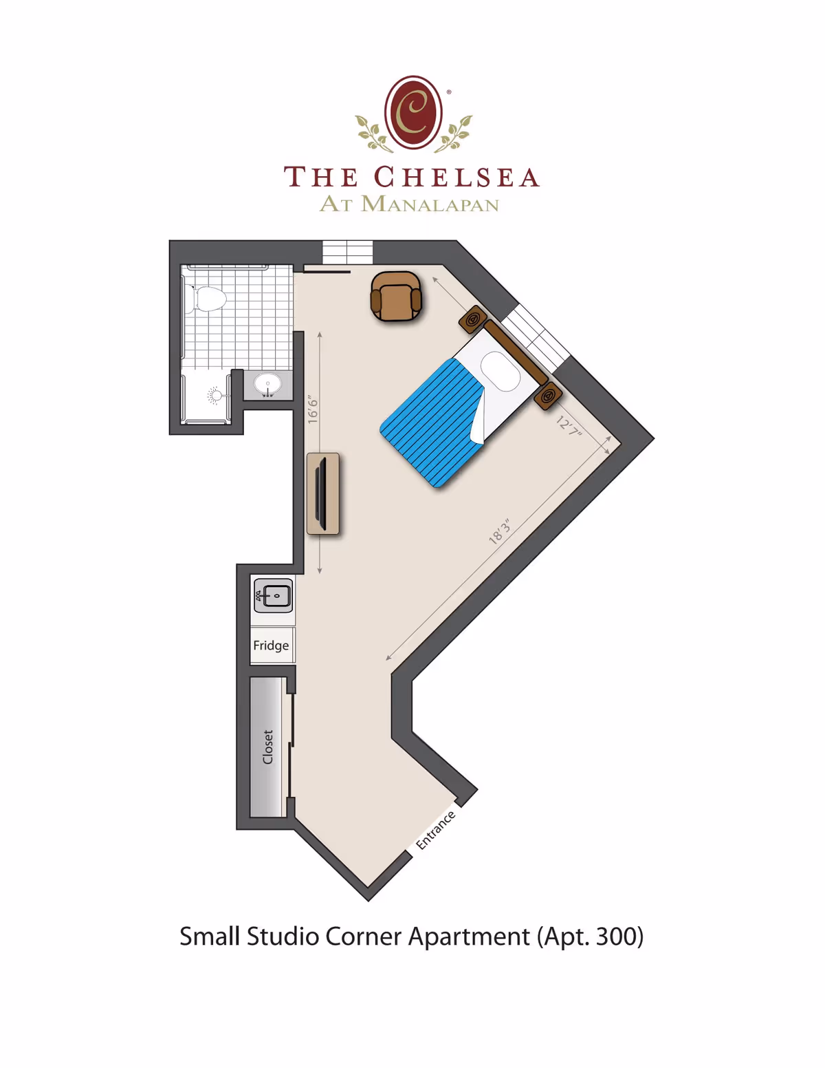 Floor plan of a small studio corner apartment (Apt. 300) at The Chelsea at Manalapan, showing a combined living and sleeping area with a bed, armchair, TV, kitchenette with fridge and sink, closet, and a bathroom with shower and toilet.