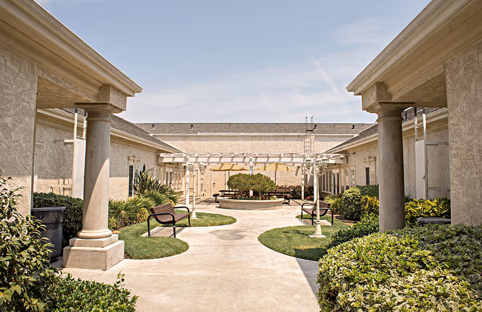 Sunny landscaped courtyard with benches, a central circular planter and a pergola between two building wings.