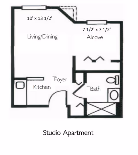 Floor plan of a studio apartment at Morningside House of Leesburg showing a living/dining area measuring 10 feet by 13.5 feet, an alcove measuring 7.5 feet by 7.5 feet, a kitchen, a foyer, and a bathroom.