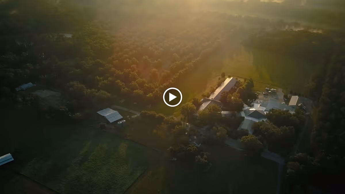 Aerial view of an assisted living campus with several buildings surrounded by trees and open fields in warm sunlight.