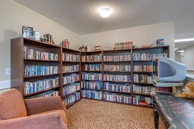 A cozy room with multiple wooden bookshelves filled with books along two walls. There is a brown upholstered armchair in the foreground and an old-style CRT television on a stand to the right. The room has patterned carpet and plain white walls with a ceiling light fixture.