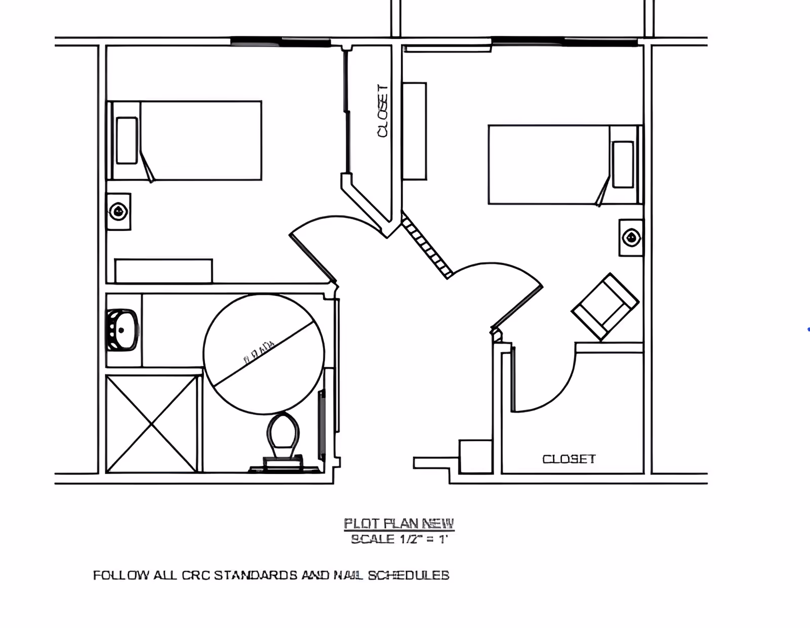 Architectural floor plan showing two bedrooms, each with a bed, nightstand, and closet. There is a shared bathroom with a sink, toilet, and shower. The plan includes doorways and a small seating area in one bedroom.