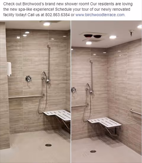 Two views of a newly renovated shower room with beige tiled walls and floor, featuring a foldable white shower bench, a handheld showerhead, grab bars, and ceiling lights.