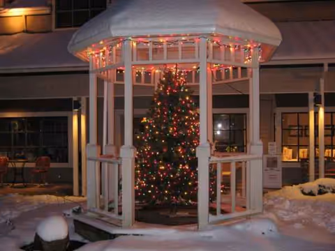 Snowy courtyard gazebo houses a decorated Christmas tree with colorful lights.