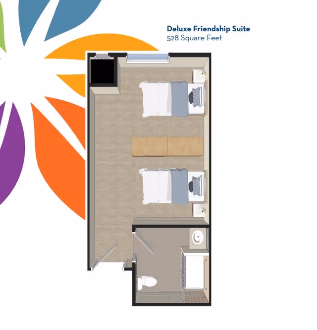Floor plan of the Deluxe Friendship Suite at YOURLife of Pensacola, showing a 528 square feet layout with two beds, two nightstands, a dresser, and a bathroom with a toilet, sink, and shower.