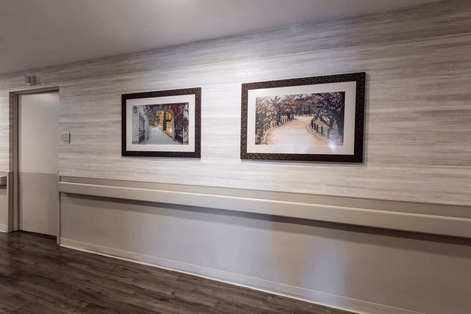 Interior hallway with two framed landscape pictures on a light wood-paneled wall and a wall-mounted handrail.